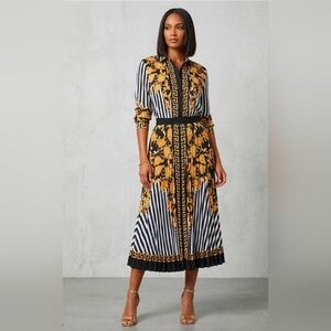 Versace Style Greek Key Baroque Print Pleated Midi Skirt - Size S-L